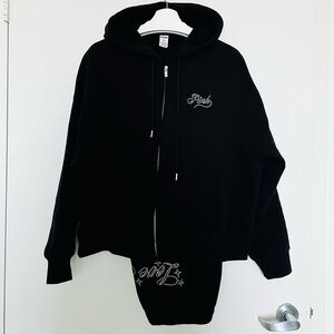 PINK Victoria’s Secret Black Love Pink Rhinestone Hoodie Jogger Set